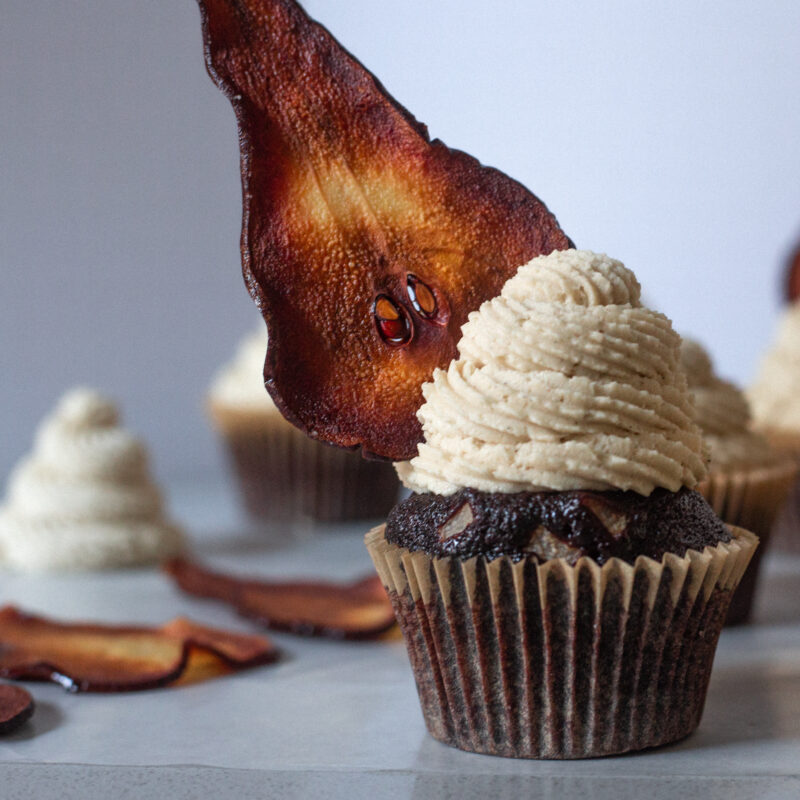 Chocolate Pear Cupcakes with Tahini Buttercream & Candied Cake Decoration